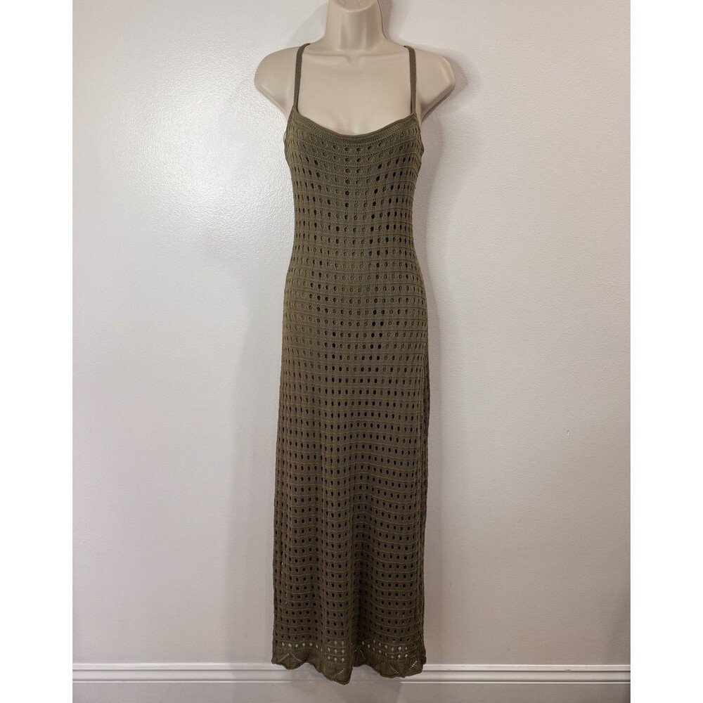 Lulus Midi Dress M Venture Vision Olive Green Crochet Knit Strappy Back Boho